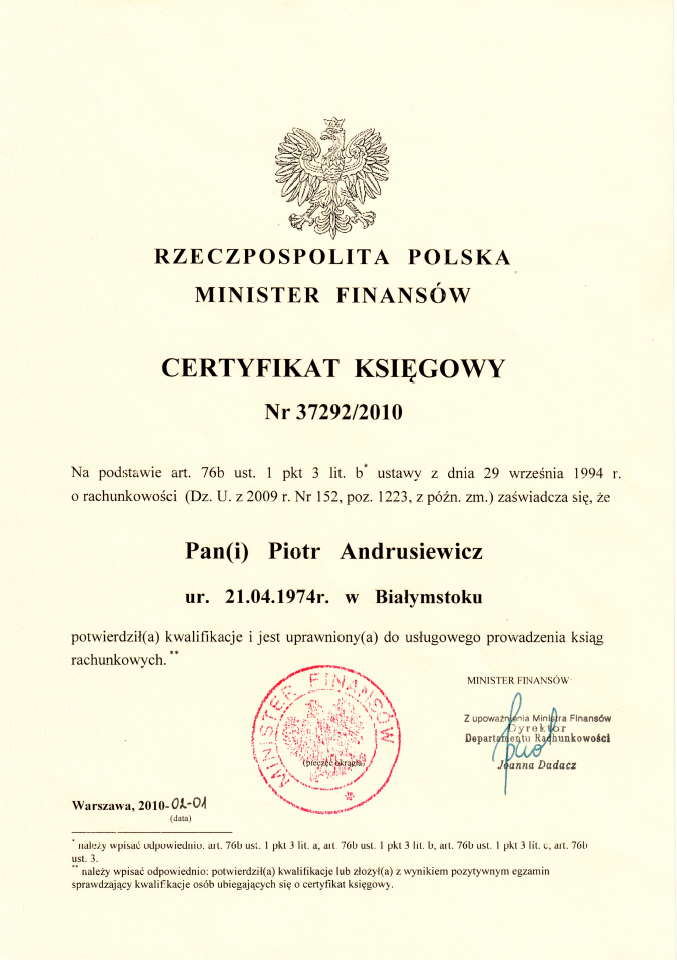 Certyfikat Księgowy Piotr Andrusiewicz